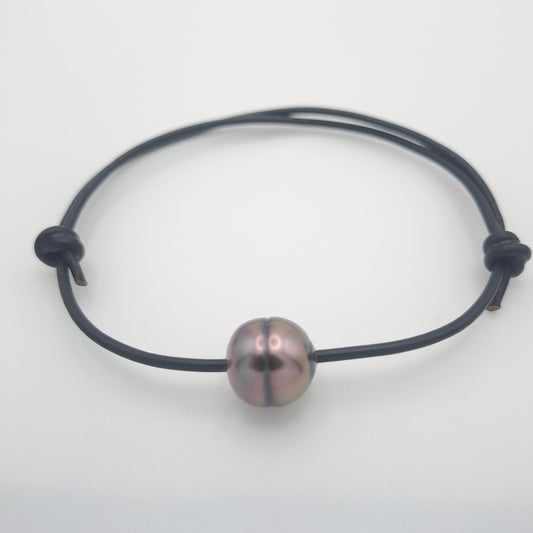 Bracelet en Cuir et 1 Perle de Tahiti Cerclée C TAKOIA PERLES