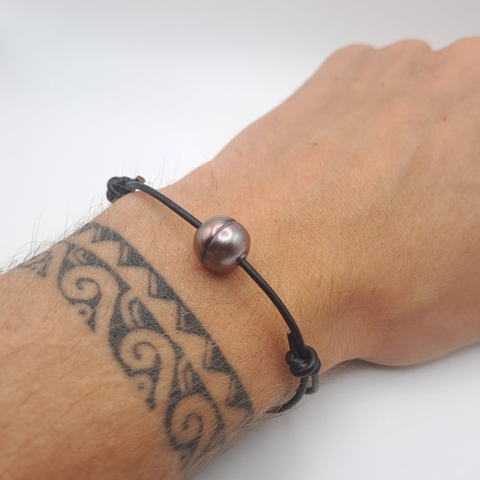 Bracelet en Cuir et 1 Perle de Tahiti Cerclée C