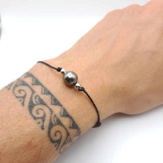 Bracelet en coton ciré et Perle de Tahiti Cerclées C