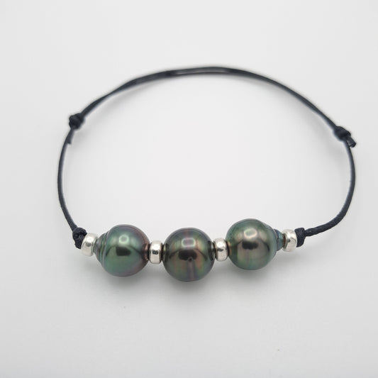 Bracelet en coton ciré et 3 Perles de Tahiti Cerclées B/C TAKOIA PERLES