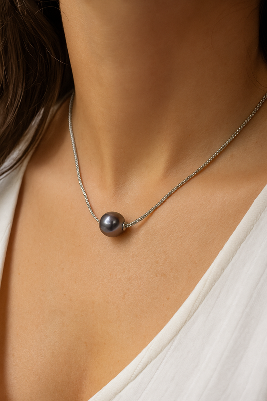 Collier en Argent et Perle de Tahiti Ronde B (AA) - Réglable