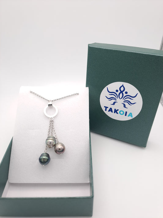 Collier en argent 925 avec perles de Tahiti suspendues aux reflets irisés – TA’IRI