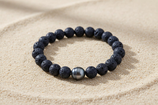 Bracelet avec des ppierres de lave et 1 perle de Tahiti Collection AHI