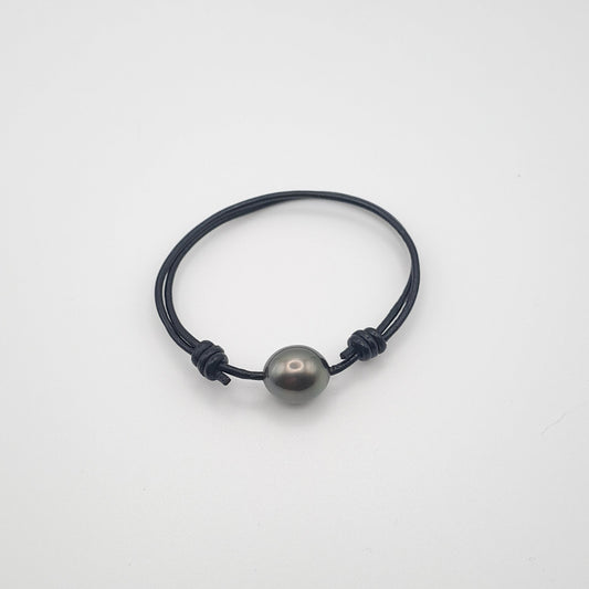 Bracelet en Cuir et Perle de Tahiti Semi-Baroque B/C (AA)