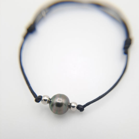 Bracelet en coton ciré et Perle de Tahiti Cerclées C