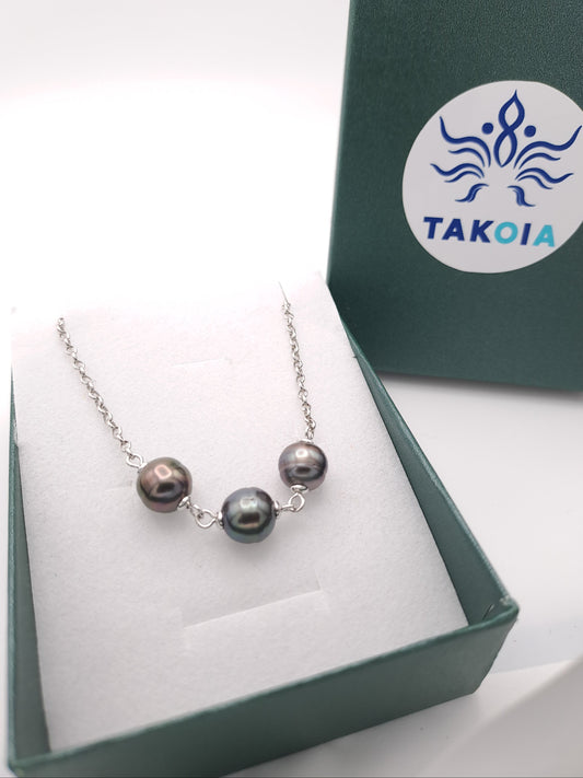 Bracelet en Argent et 3 Perles de Tahiti Cerclées B/C