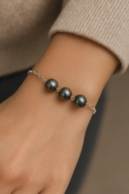 Bracelet en Argent et 3 Perles de Tahiti Cerclées B/C TAKOIA PERLES