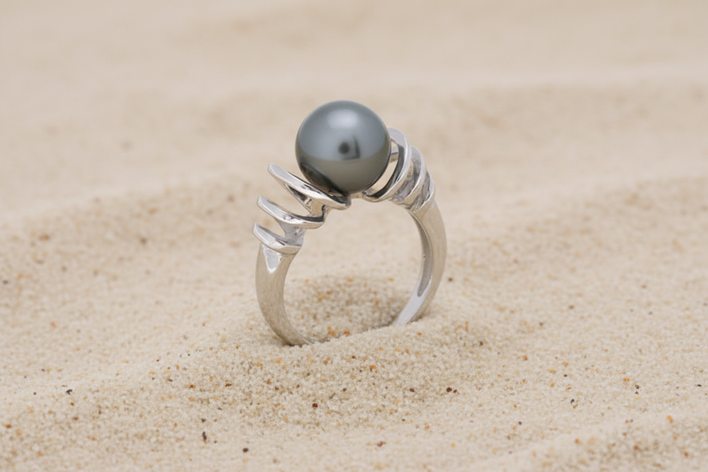 Bague en argent 925 aéré avec perle de Tahiti Collection FAKARAVA