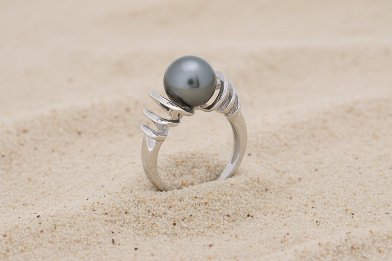 Bague en argent 925 aéré avec perle de Tahiti Collection FAKARAVA
