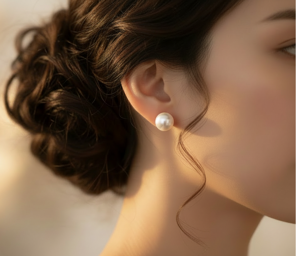 Boucle d'oreilles avec perle d'eau douce sur une femme
