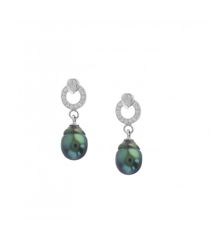 Boucles d’oreilles en argent avec anneau pavé et perles noires de Tahiti aux reflets verts et bleutés
