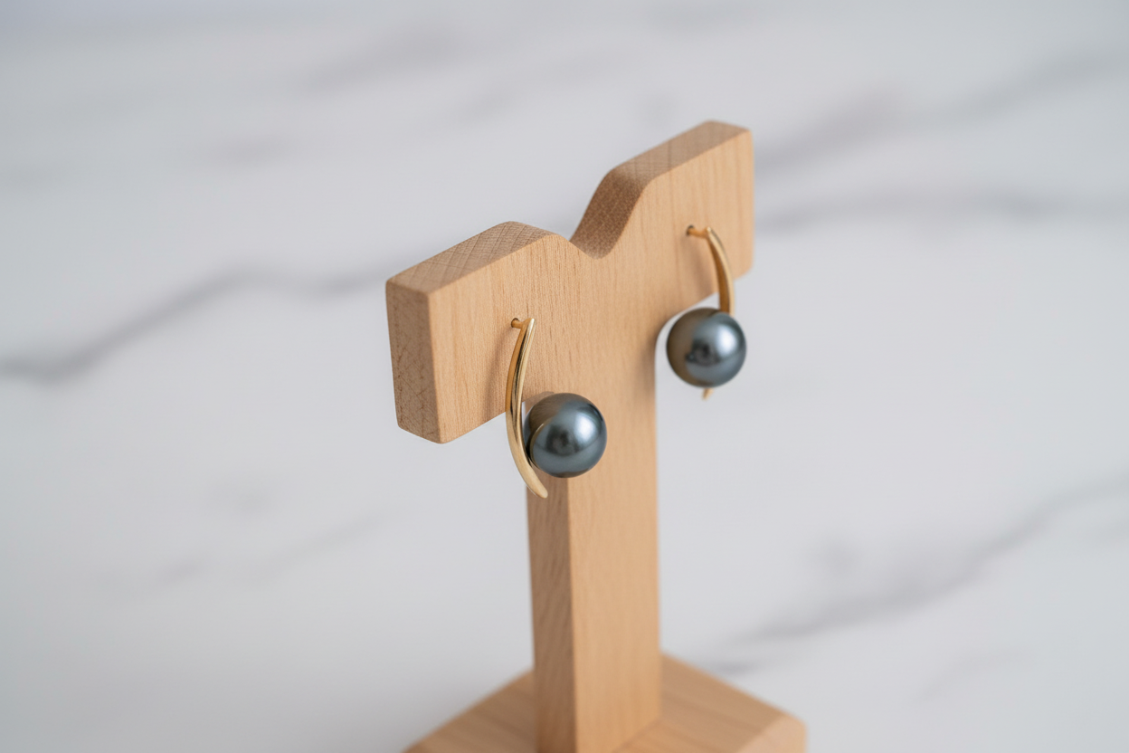 Boucle d'oreilles en OR en forme de lune avec perle de Tahiti sur un présentoir - TAKOIA PERLES