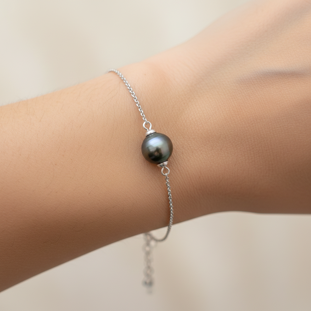 Bracelet en argent 925 avec chaine forçat et perle de Tahiti 