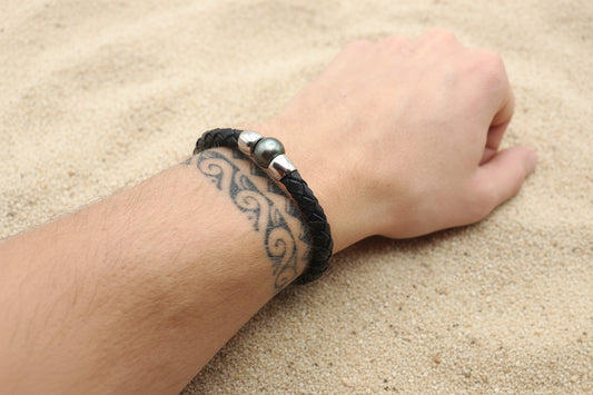Bracelet cuir tressé avec perle de Tahiti – MOANA