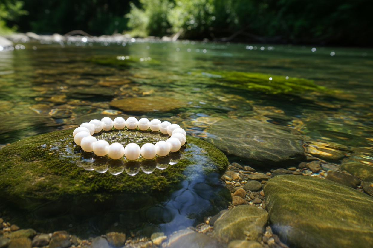 Bracelet perle d'eau douce sur une rivière