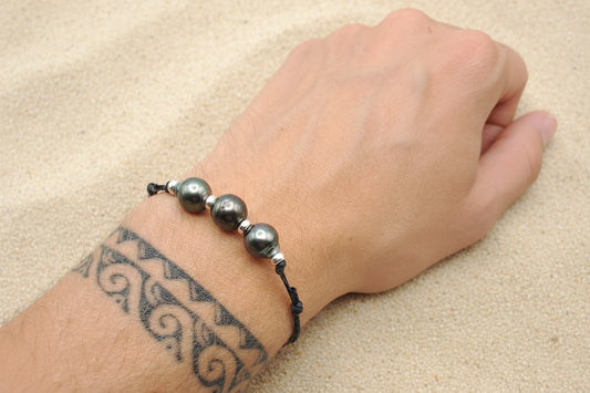 Bracelet en coton ciré et 3 Perles de Tahiti Cerclées B/C TAKOIA PERLES