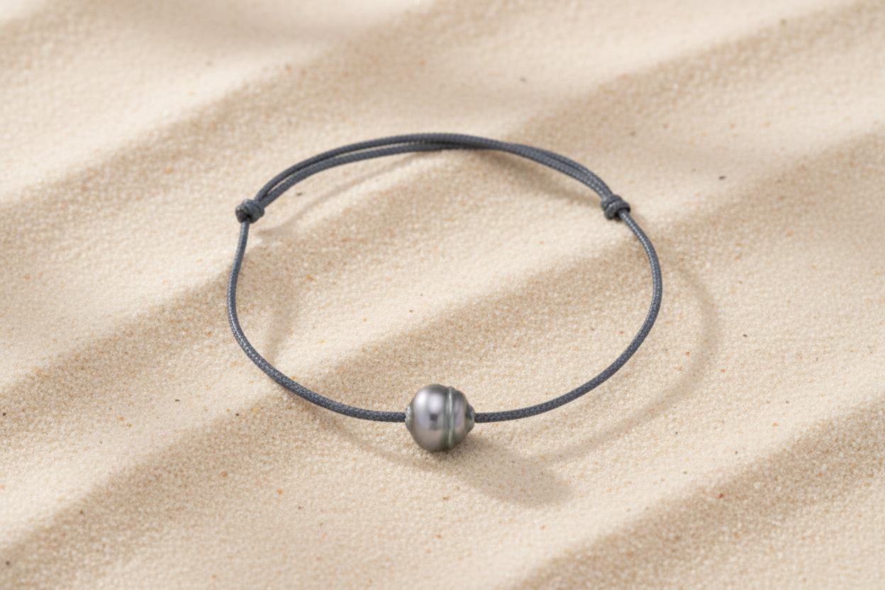 Bracelet in waxed cotton and Circled Tahitian Pearl C