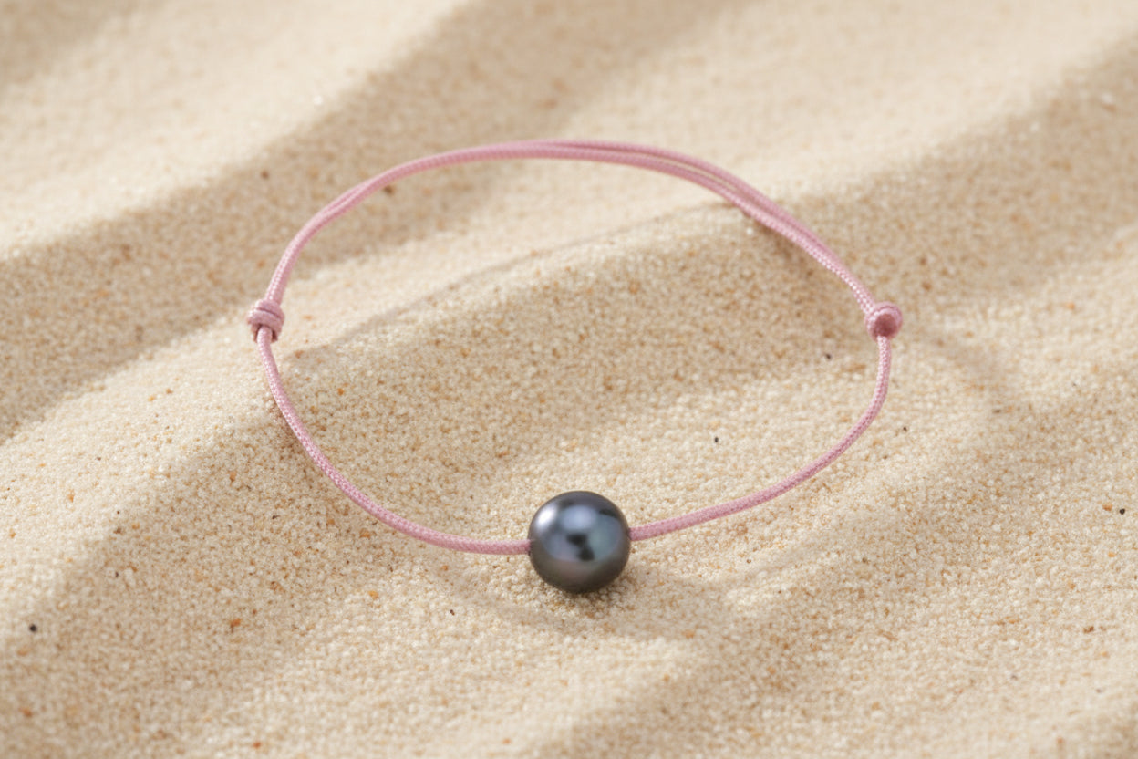 Bracelet in waxed cotton and Circled Tahitian Pearl C