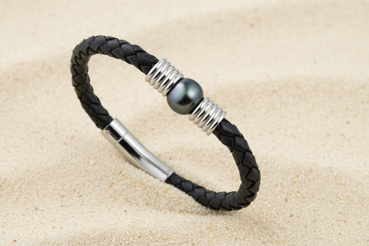 Bracelet en cuir avec perle de Tahiti naturelle LE MAORI