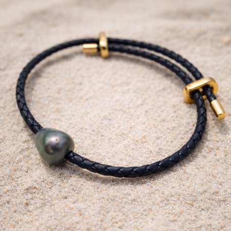 Bracelet cuir noir avec perle de Tahiti et finitions dorées – ORO