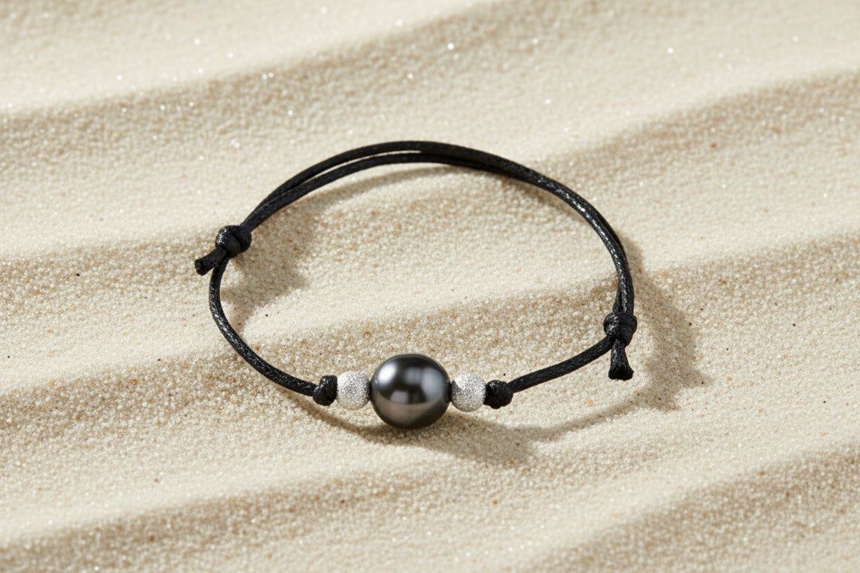 Bracelet enfant noir avec perle de Tahiti