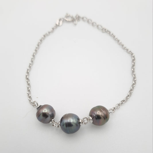 Bracelet en Argent et 3 Perles de Tahiti Cerclées B/C TAKOIA PERLES