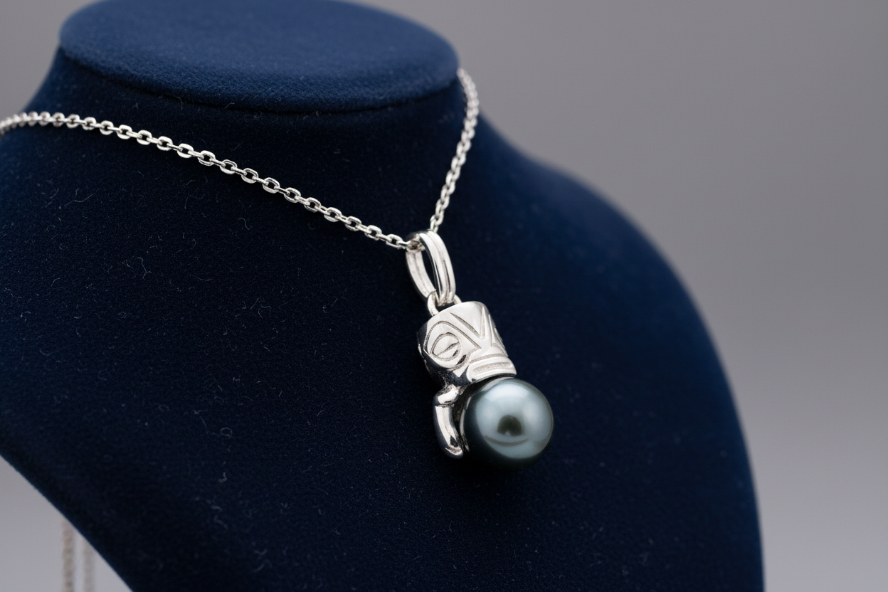 Pendentif en argent 925 avec un tiki qui enlace une perle de Tahiti