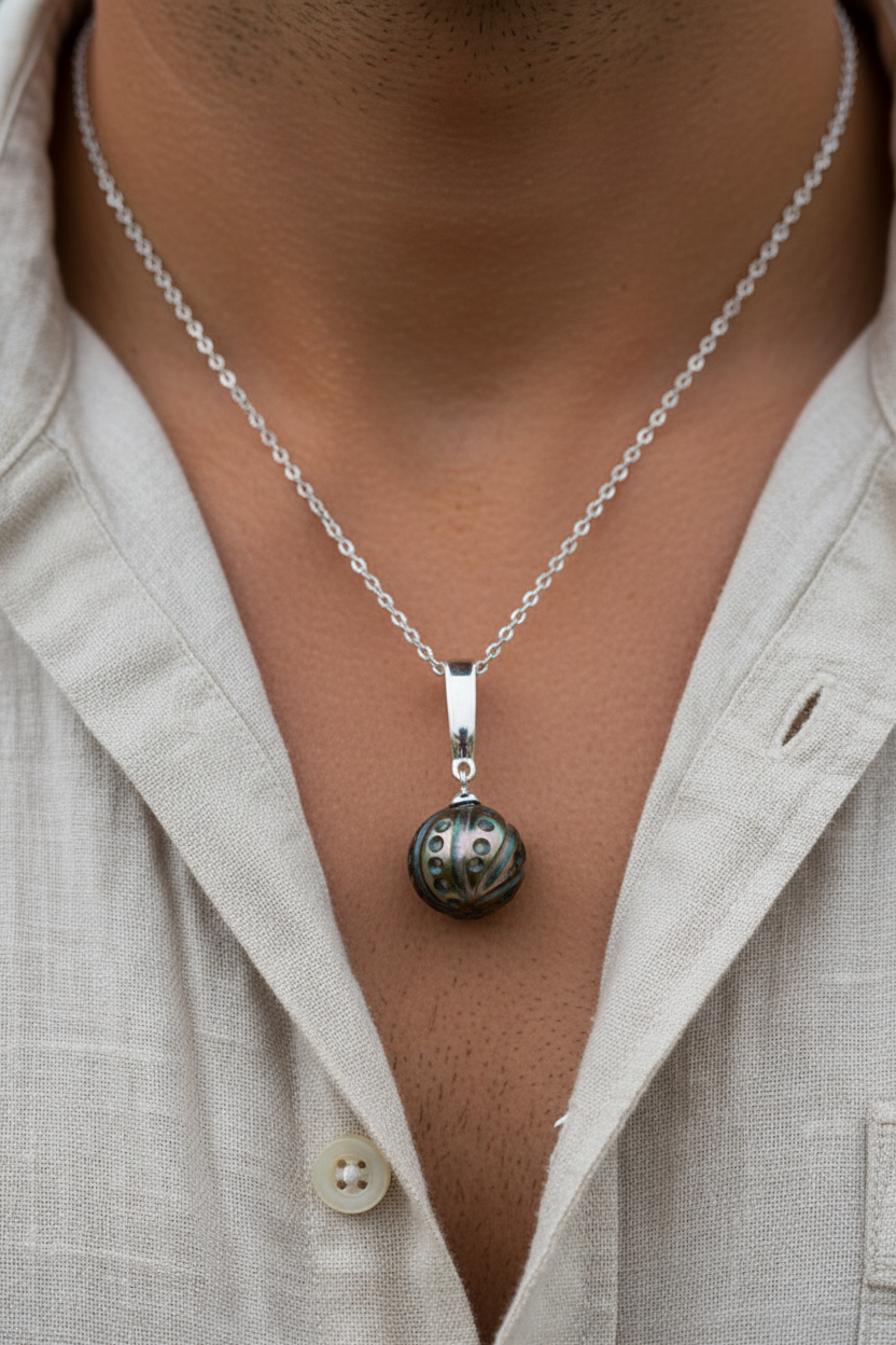 Perle de tahiti gravée sur un pendentif en argent
